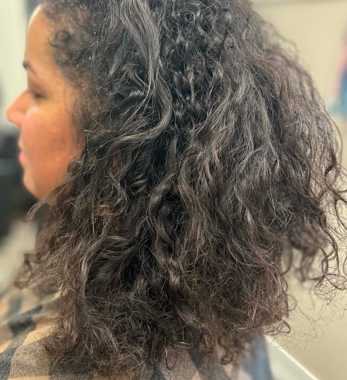 curly hair before treatment (taninoplasty treatment)